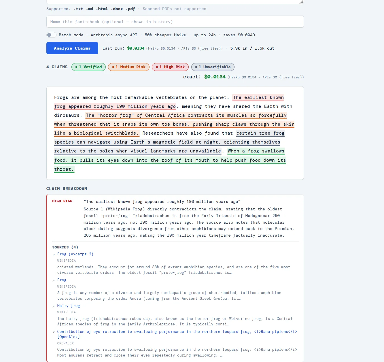 Fact-check results with color-coded claim highlights and risk summary