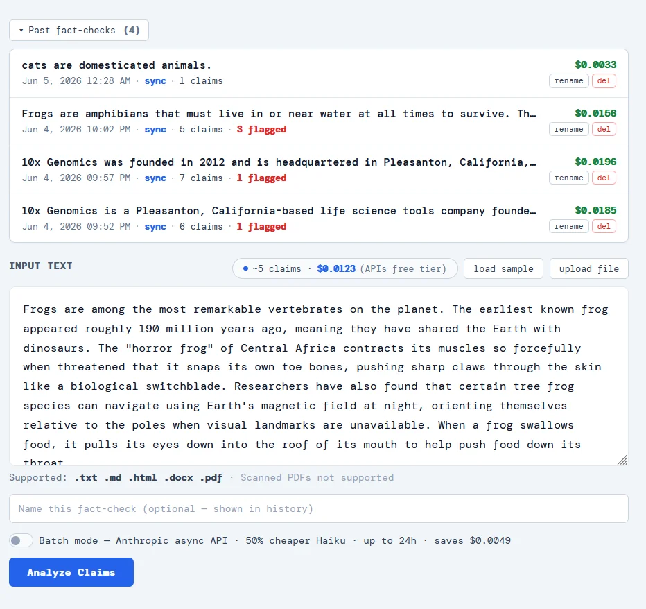 Past fact-check history list and text input with cost estimate