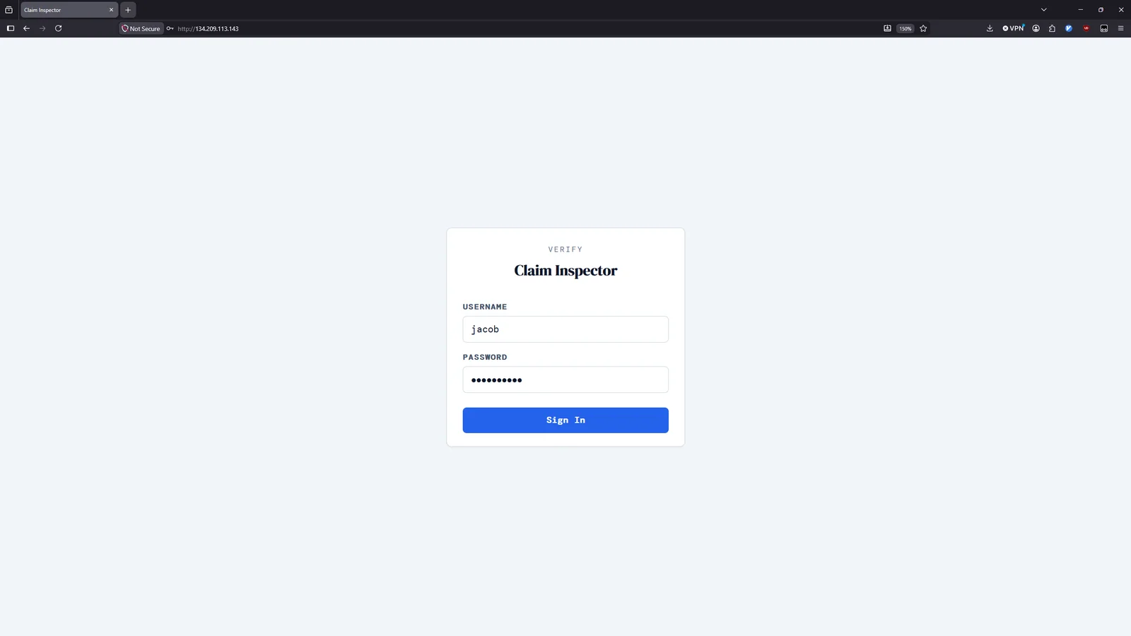 Claim Inspector login screen with username and password fields