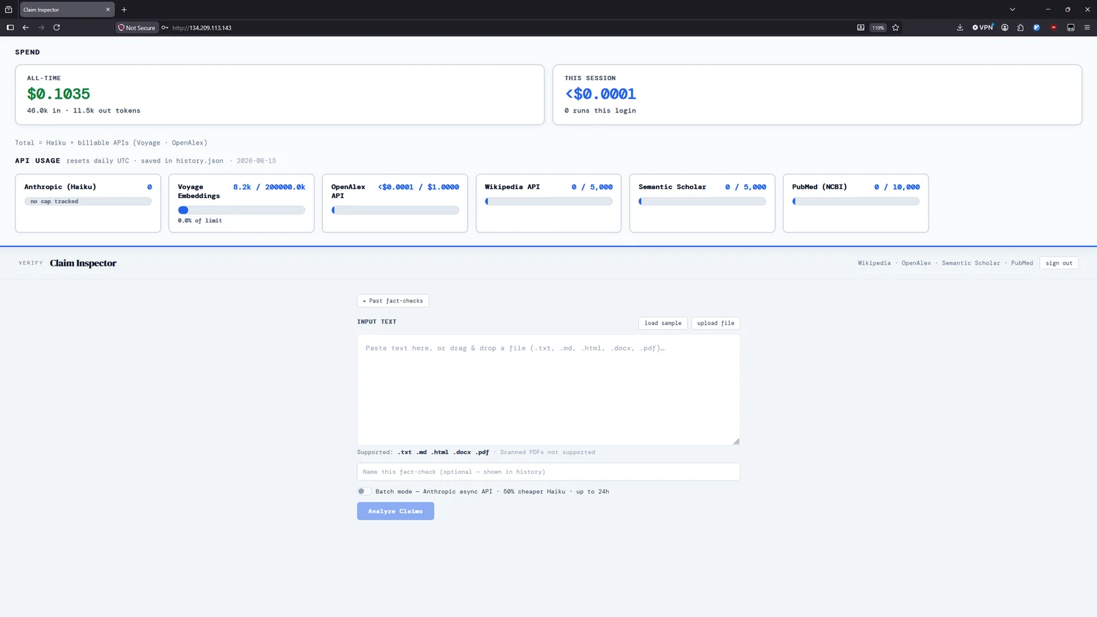 Claim Inspector main dashboard showing API spend tracking and text input area